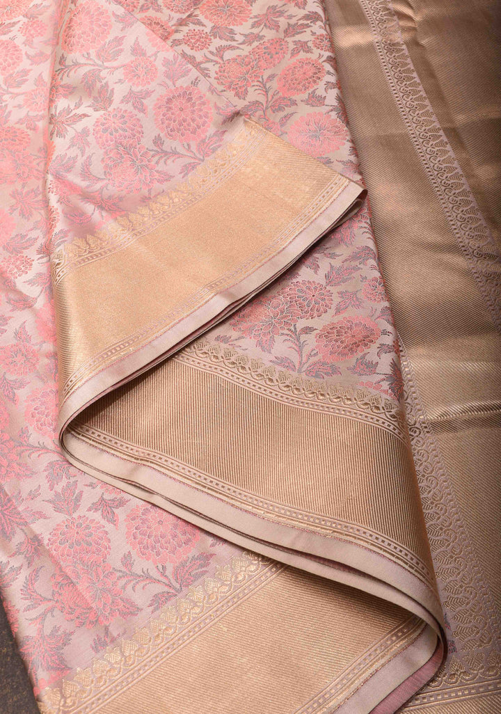 Blush Pink Tanchoi Banarasi Satin Silk Saree with Floral Brocade | SILK MARK CERTIFIED