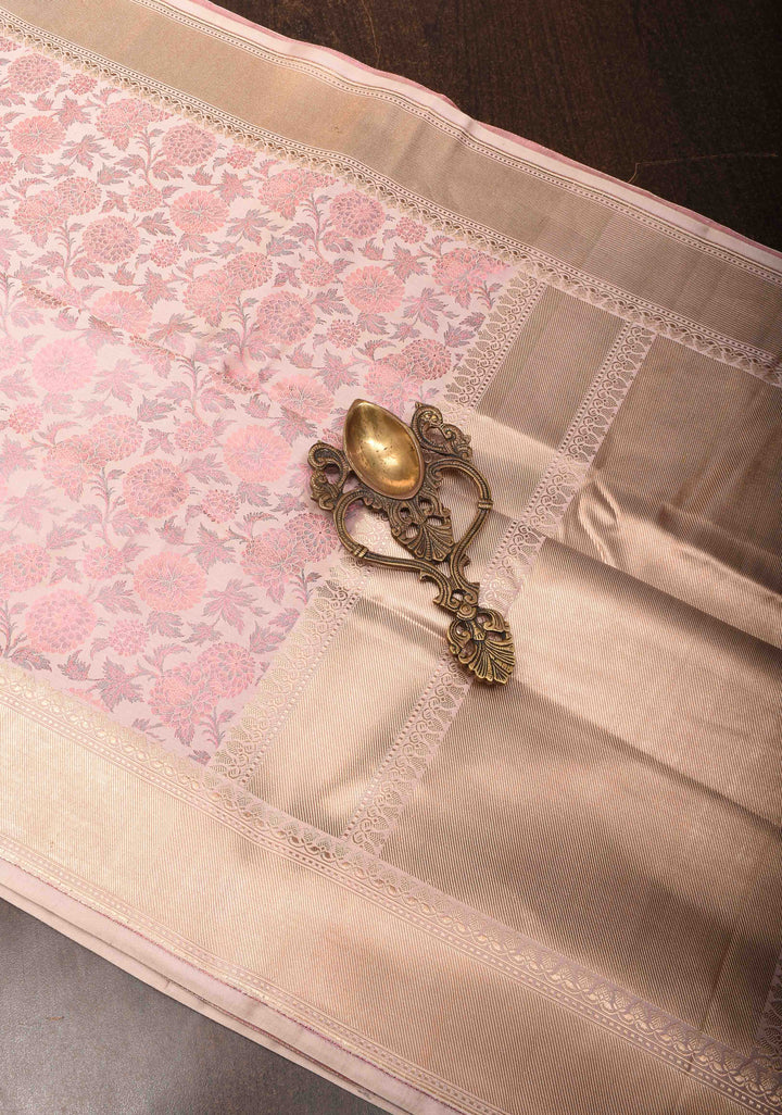 Blush Pink Tanchoi Banarasi Satin Silk Saree with Floral Brocade | SILK MARK CERTIFIED