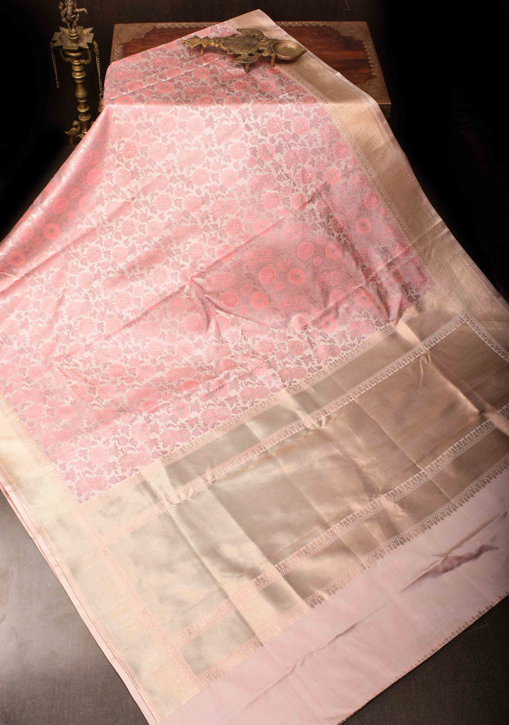 Blush Pink Tanchoi Banarasi Satin Silk Saree with Floral Brocade | SILK MARK CERTIFIED