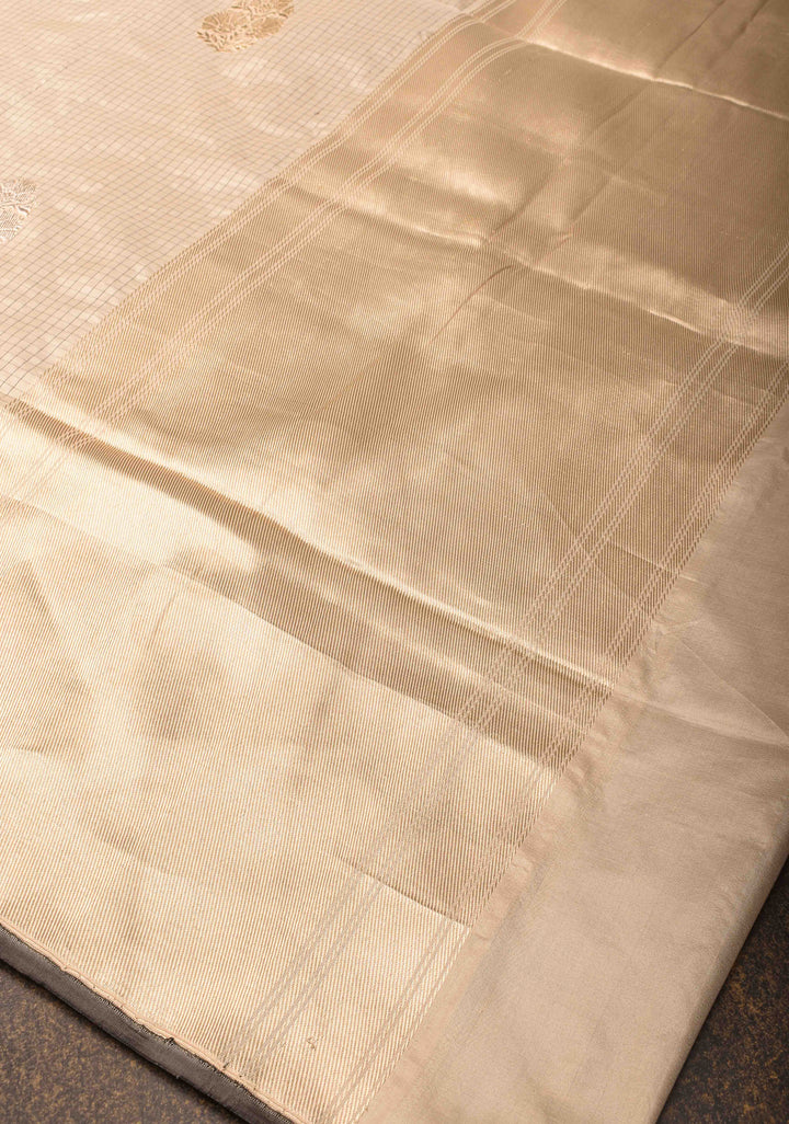 Beige Borderless Pin Checks  Banarasi Saree with Sona Rupa Damask Buttas and Black Selvedge | SILK MARK CERTIFIED