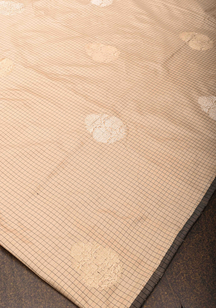 Beige Borderless Pin Checks  Banarasi Saree with Sona Rupa Damask Buttas and Black Selvedge | SILK MARK CERTIFIED
