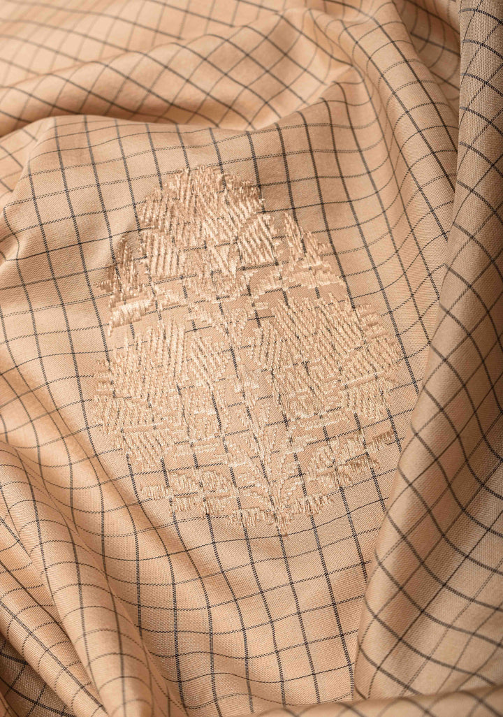 Beige Borderless Pin Checks  Banarasi Saree with Sona Rupa Damask Buttas and Black Selvedge | SILK MARK CERTIFIED