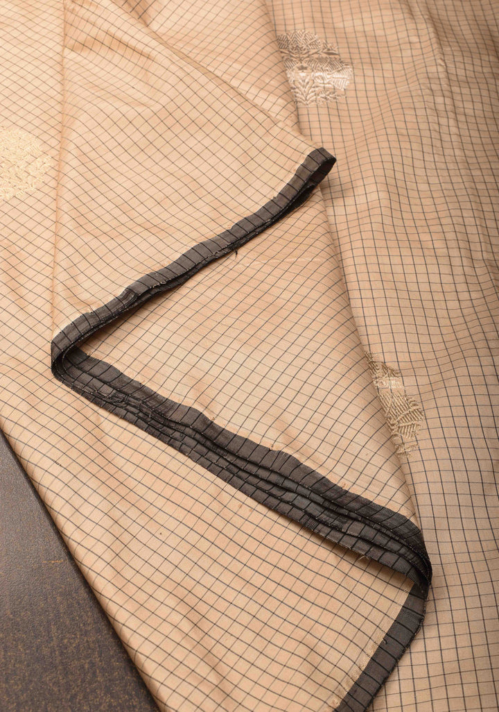 Beige Borderless Pin Checks  Banarasi Saree with Sona Rupa Damask Buttas and Black Selvedge | SILK MARK CERTIFIED