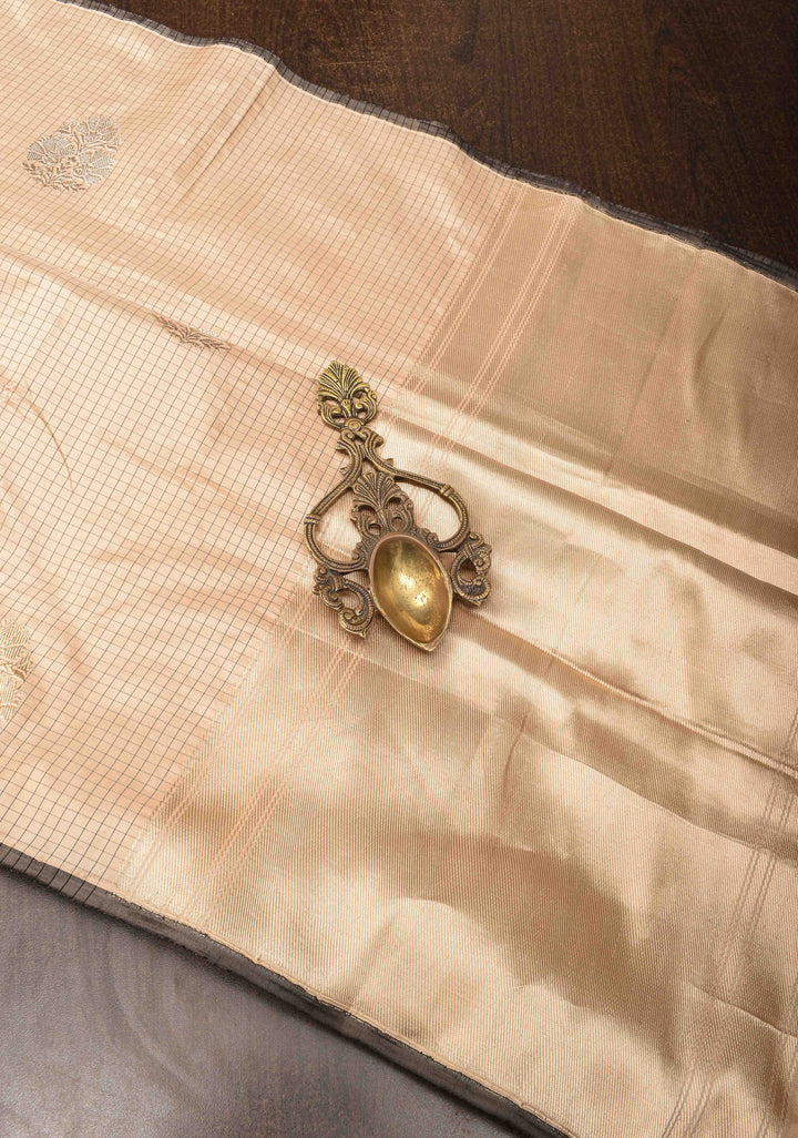 Beige Borderless Pin Checks  Banarasi Saree with Sona Rupa Damask Buttas and Black Selvedge | SILK MARK CERTIFIED