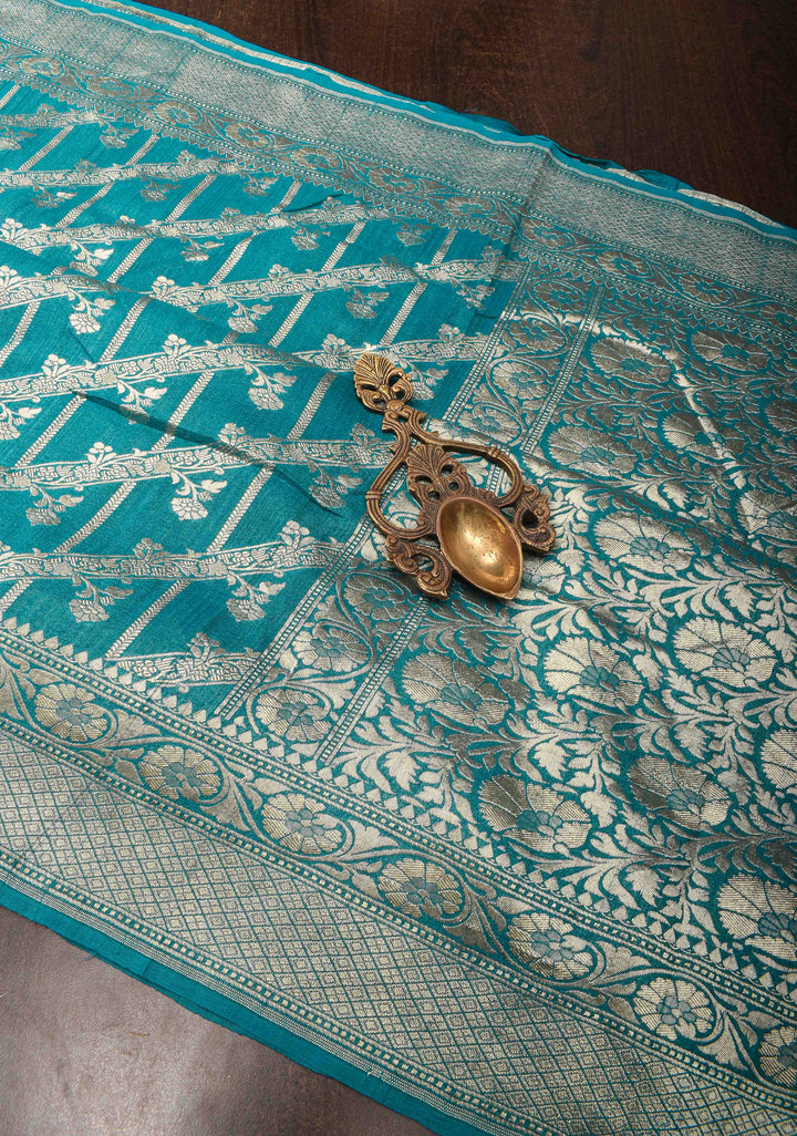 Dark Teal Vertical and diagonal Stripes Tussar Georgette silk saree Saree with Zari border | SILK MARK CERTIFIED