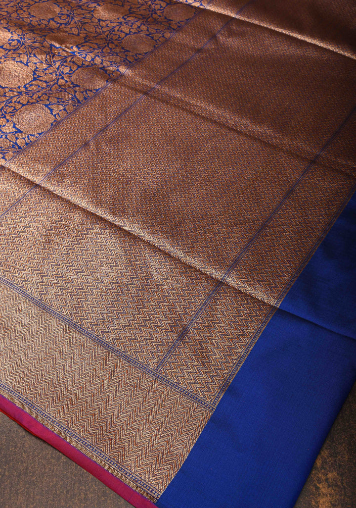 Blue Banarasi Katan Silk Saree with Antique Rose Brocade Jaal and Borders | SILK MARK CERTIFIED
