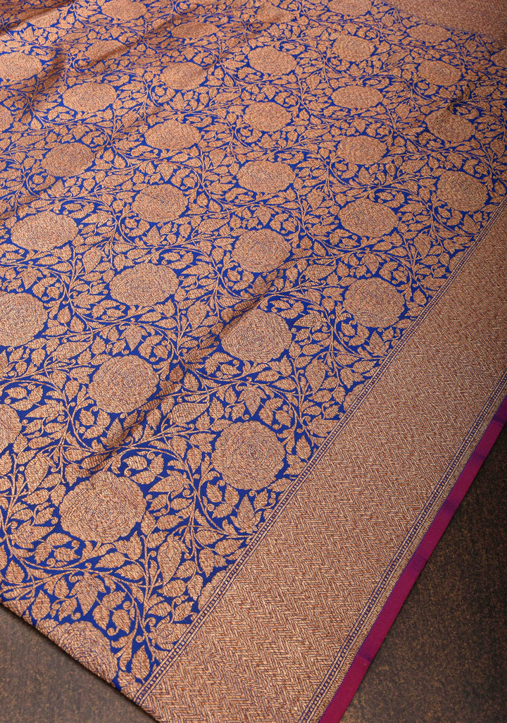 Blue Banarasi Katan Silk Saree with Antique Rose Brocade Jaal and Borders | SILK MARK CERTIFIED