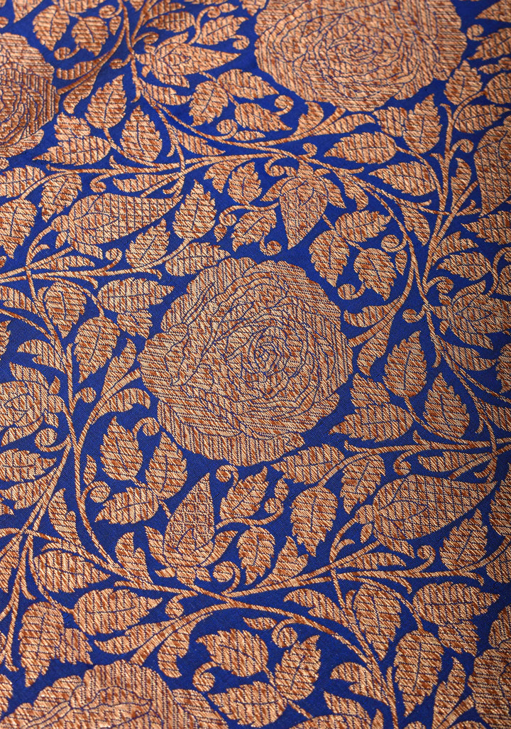 Blue Banarasi Katan Silk Saree with Antique Rose Brocade Jaal and Borders | SILK MARK CERTIFIED