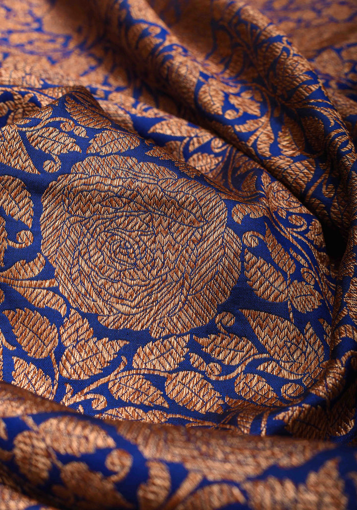 Blue Banarasi Katan Silk Saree with Antique Rose Brocade Jaal and Borders | SILK MARK CERTIFIED