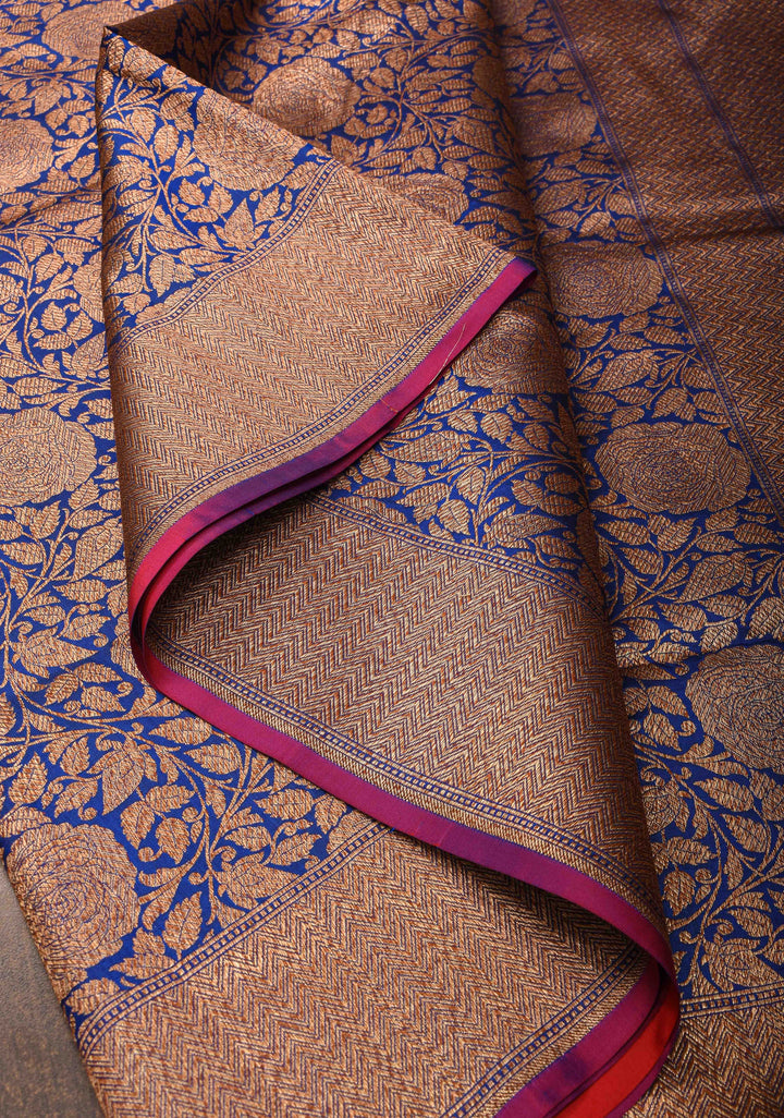 Blue Banarasi Katan Silk Saree with Antique Rose Brocade Jaal and Borders | SILK MARK CERTIFIED