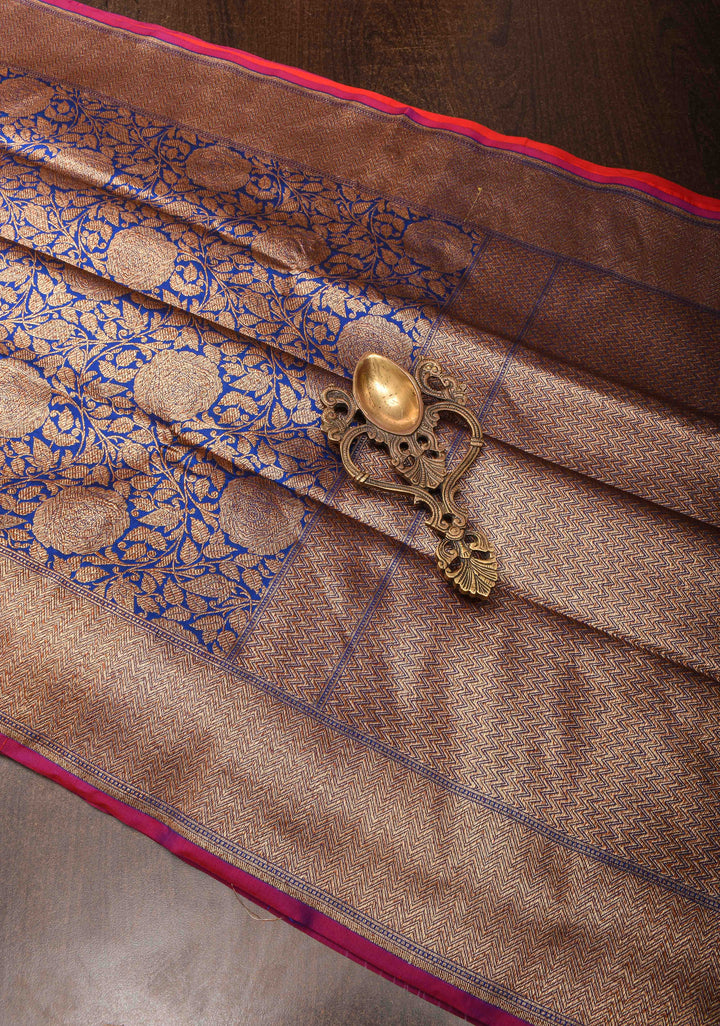 Blue Banarasi Katan Silk Saree with Antique Rose Brocade Jaal and Borders | SILK MARK CERTIFIED