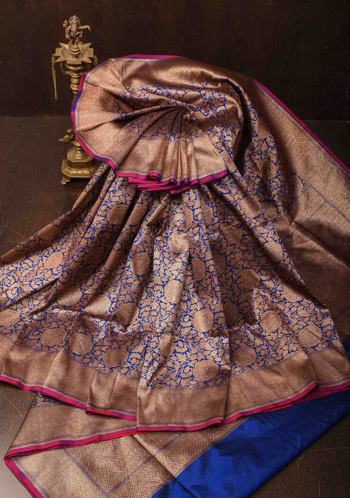 Blue Banarasi Katan Silk Saree with Antique Rose Brocade Jaal and Borders | SILK MARK CERTIFIED