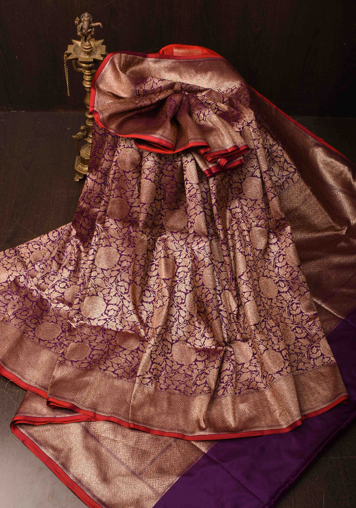 Purple Banarasi Katan Silk Saree with Antique Rose Brocade Jaal and Borders | SILK MARK CERTIFIED