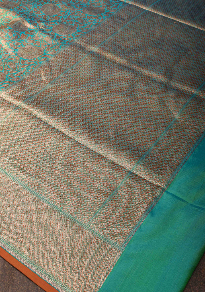 Blue Dual tone Banarasi Katan Silk Saree with Antique Rose Brocade Jaal and Borders | SILK MARK CERTIFIED