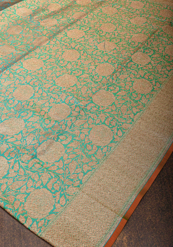 Blue Dual tone Banarasi Katan Silk Saree with Antique Rose Brocade Jaal and Borders | SILK MARK CERTIFIED