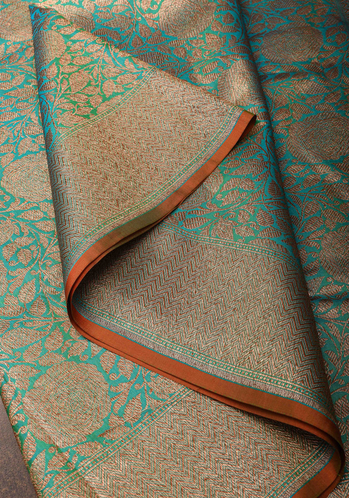 Blue Dual tone Banarasi Katan Silk Saree with Antique Rose Brocade Jaal and Borders | SILK MARK CERTIFIED