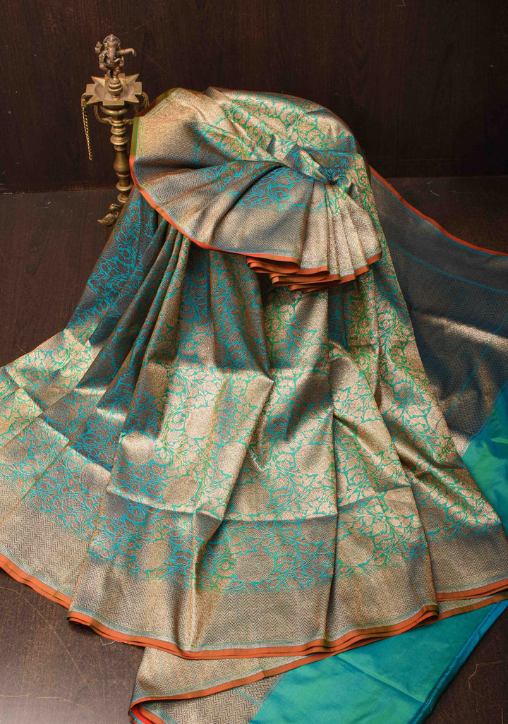 Blue Dual tone Banarasi Katan Silk Saree with Antique Rose Brocade Jaal and Borders | SILK MARK CERTIFIED