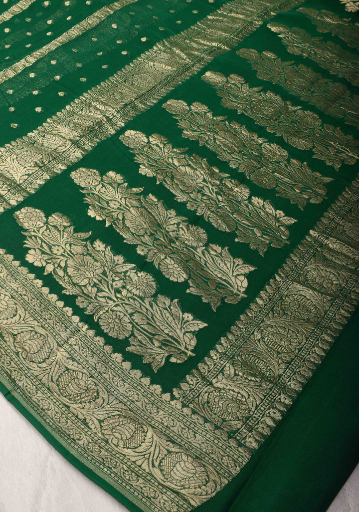 Bottle Green Banarasi Georgette Silk Saree with Vertical Stripes and Zari Border | SILK MARK CRTIFIED