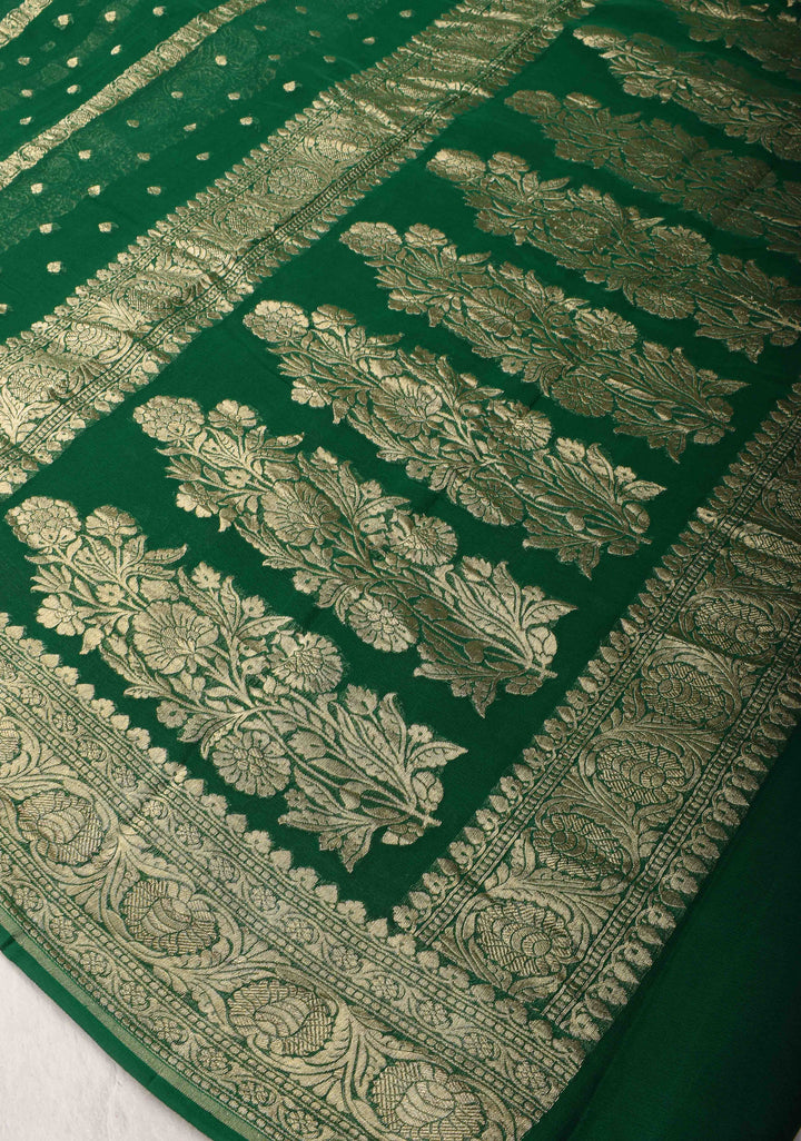 Bottle Green Banarasi Georgette Silk Saree with Vertical Stripes and Zari Border | SILK MARK CRTIFIED