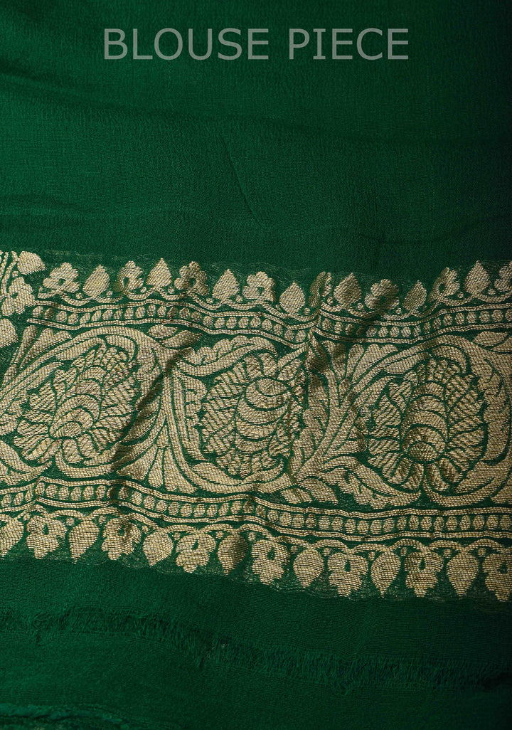 Bottle Green Banarasi Georgette Silk Saree with Vertical Stripes and Zari Border | SILK MARK CRTIFIED