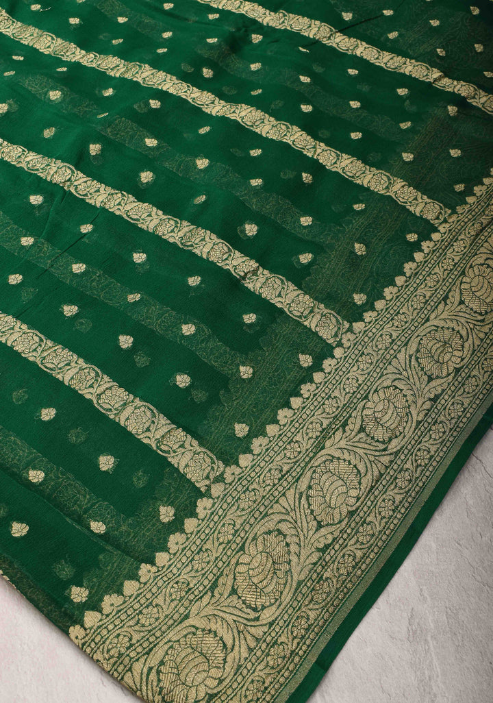 Bottle Green Banarasi Georgette Silk Saree with Vertical Stripes and Zari Border | SILK MARK CRTIFIED