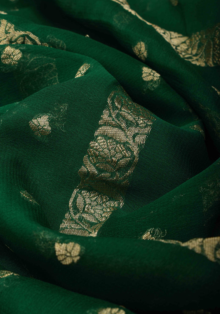 Bottle Green Banarasi Georgette Silk Saree with Vertical Stripes and Zari Border | SILK MARK CRTIFIED