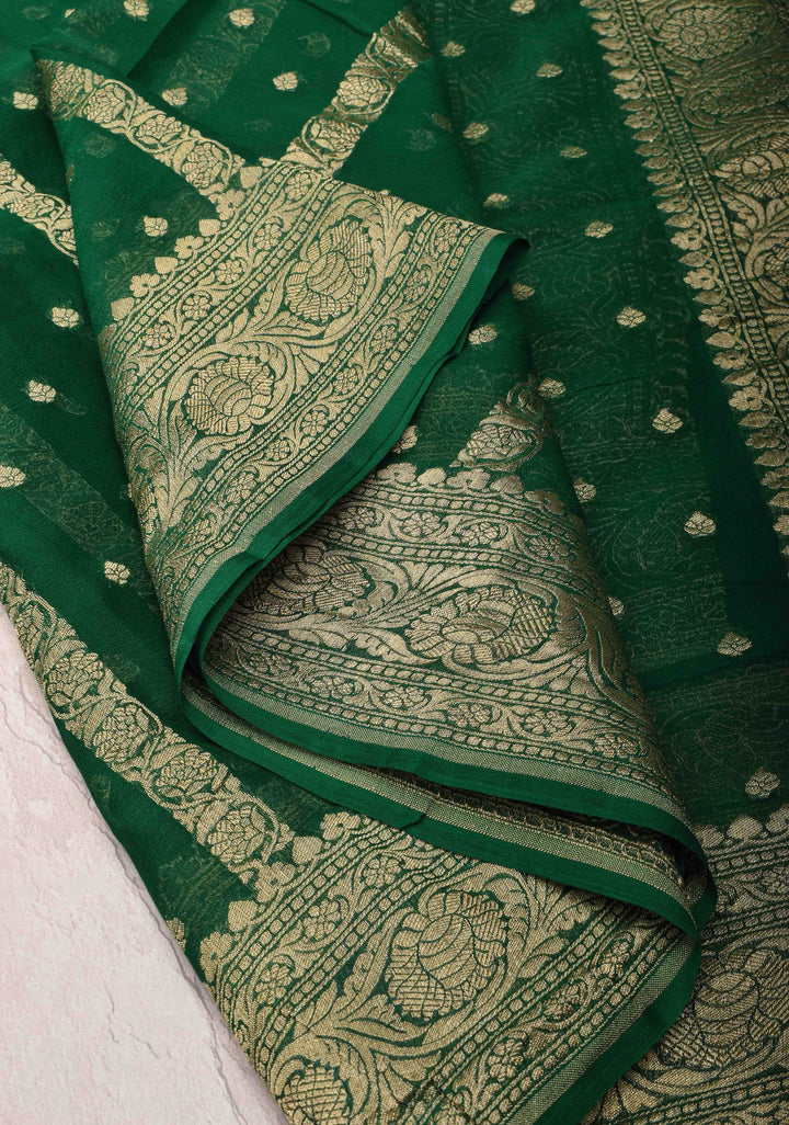 Bottle Green Banarasi Georgette Silk Saree with Vertical Stripes and Zari Border | SILK MARK CRTIFIED