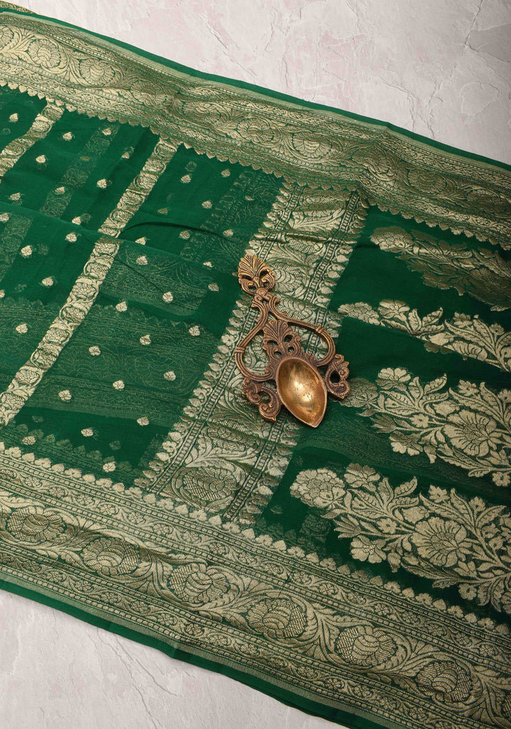 Bottle Green Banarasi Georgette Silk Saree with Vertical Stripes and Zari Border | SILK MARK CRTIFIED
