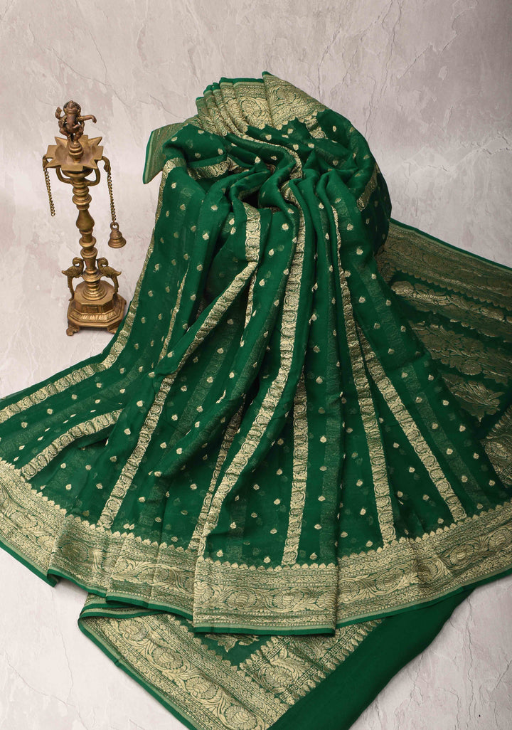 Bottle Green Banarasi Georgette Silk Saree with Vertical Stripes and Zari Border | SILK MARK CRTIFIED