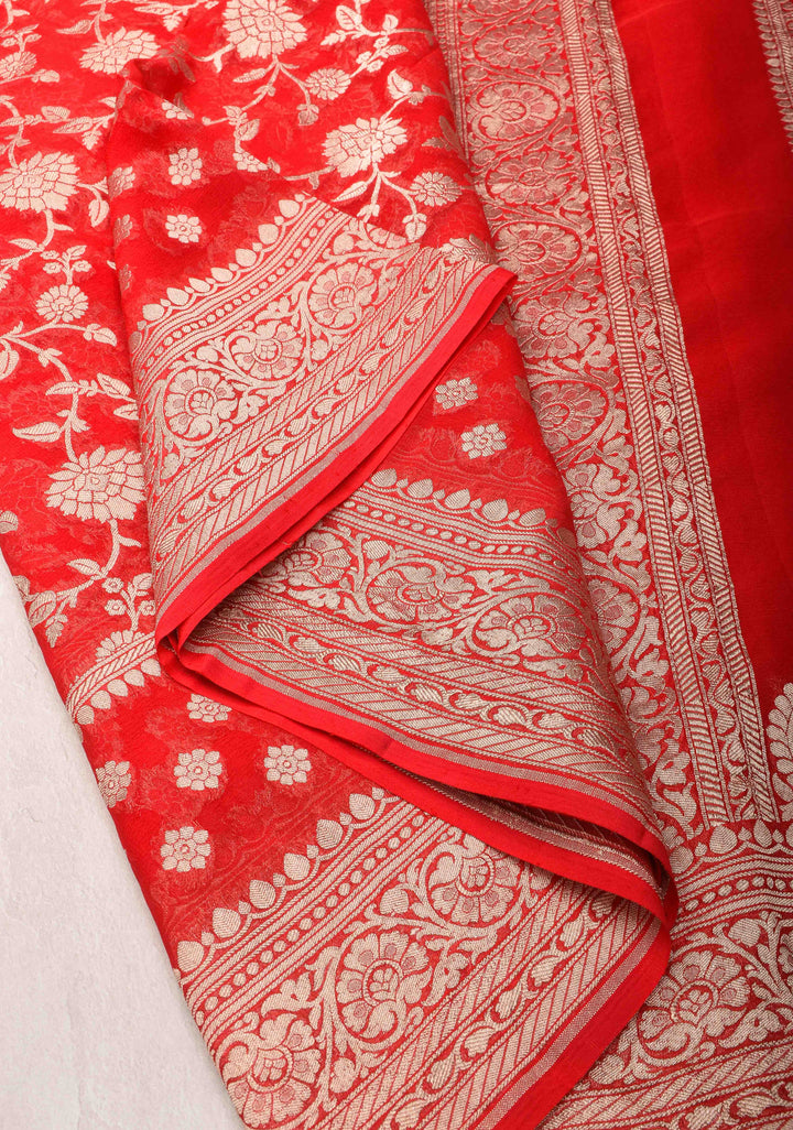 Cadmium Red Floral jaal Georgette silk saree with Zari border and Koniya Motifs | SILK MARK CERTIFIED