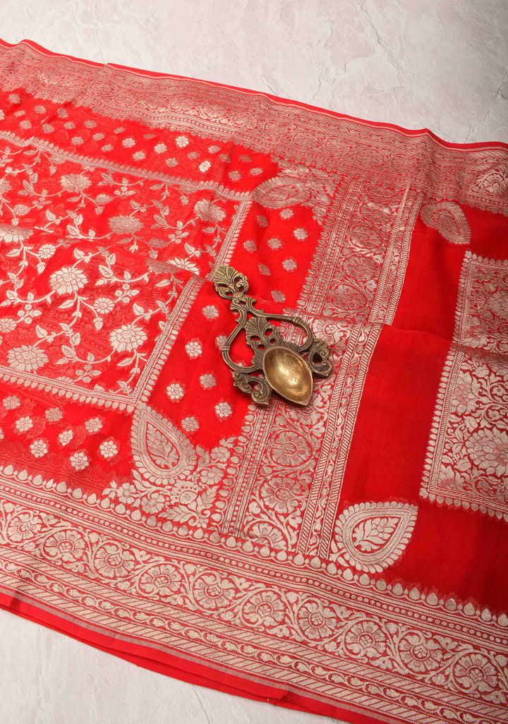 Cadmium Red Floral jaal Georgette silk saree with Zari border and Koniya Motifs | SILK MARK CERTIFIED