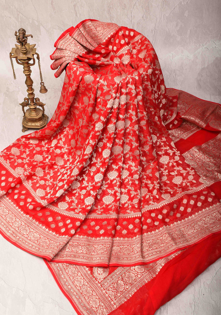Cadmium Red Floral jaal Georgette silk saree with Zari border and Koniya Motifs | SILK MARK CERTIFIED