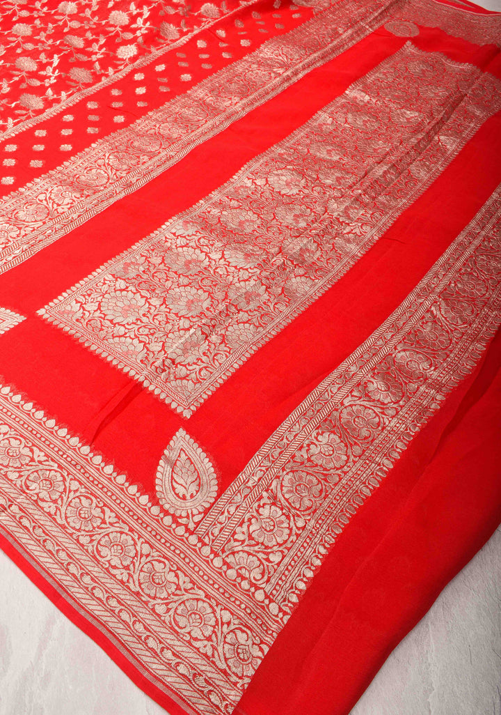 Cadmium Red Floral jaal Georgette silk saree with Zari border and Koniya Motifs | SILK MARK CERTIFIED
