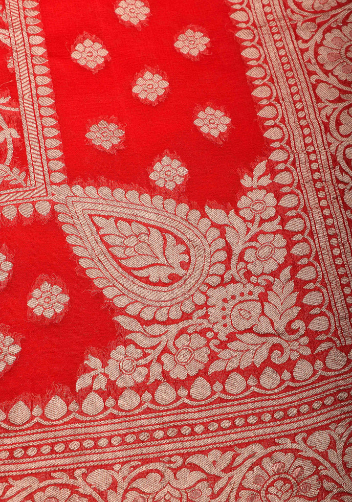 Cadmium Red Floral jaal Georgette silk saree with Zari border and Koniya Motifs | SILK MARK CERTIFIED