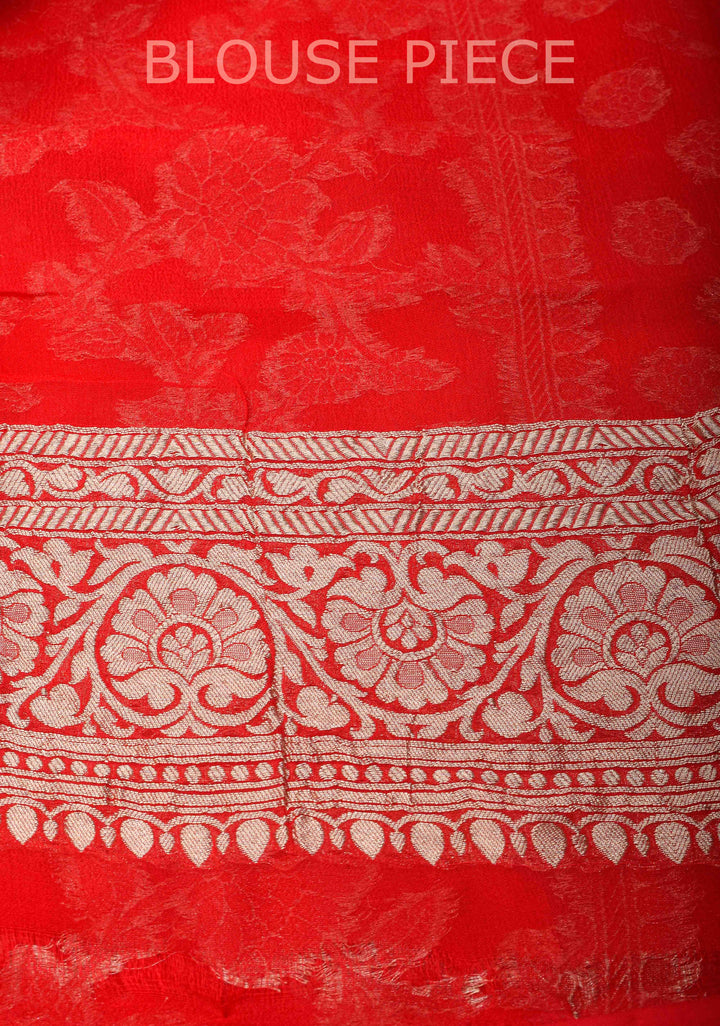 Cadmium Red Floral jaal Georgette silk saree with Zari border and Koniya Motifs | SILK MARK CERTIFIED