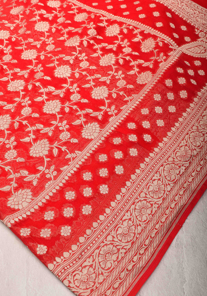 Cadmium Red Floral jaal Georgette silk saree with Zari border and Koniya Motifs | SILK MARK CERTIFIED