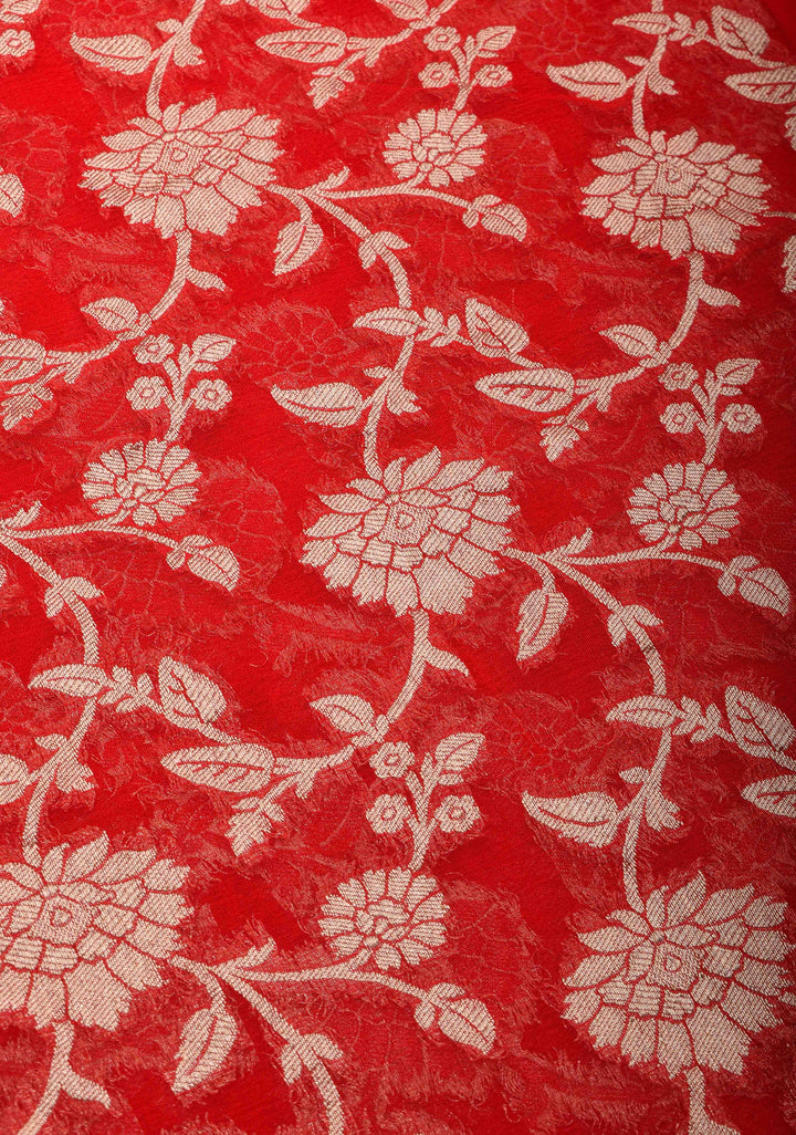 Cadmium Red Floral jaal Georgette silk saree with Zari border and Koniya Motifs | SILK MARK CERTIFIED