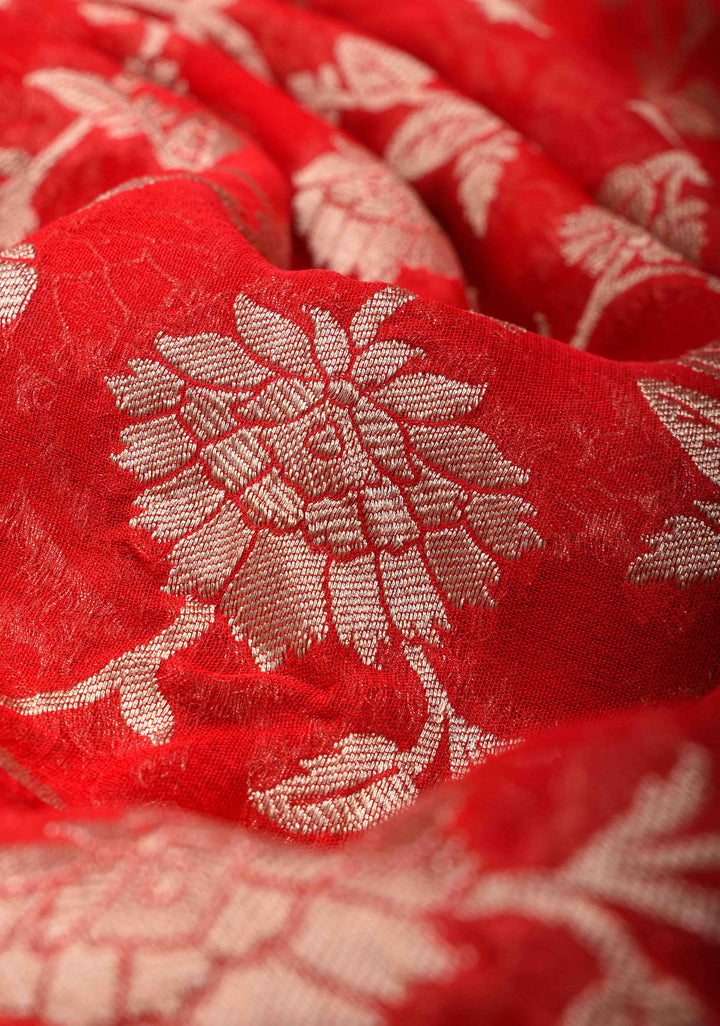 Cadmium Red Floral jaal Georgette silk saree with Zari border and Koniya Motifs | SILK MARK CERTIFIED