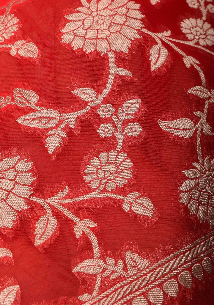Cadmium Red Floral jaal Georgette silk saree with Zari border and Koniya Motifs | SILK MARK CERTIFIED