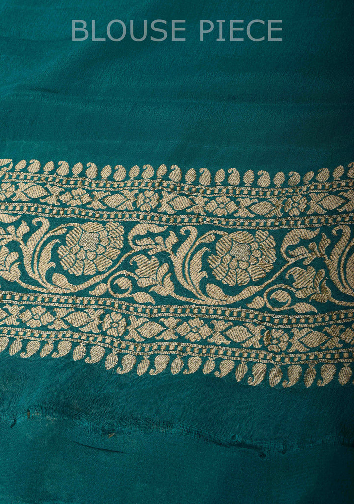 Authentic Banarasi Silk Georgette Saree in Dark Teal with Floral Butta and Zari Border | SILK MARK CERTIFIED