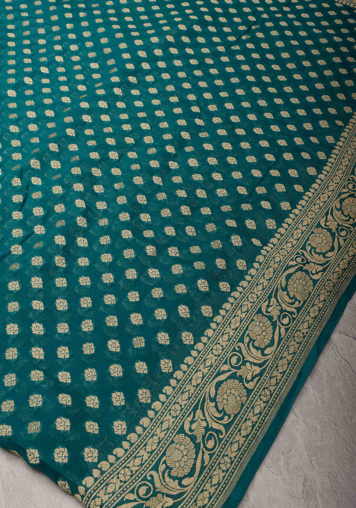 Authentic Banarasi Silk Georgette Saree in Dark Teal with Floral Butta and Zari Border | SILK MARK CERTIFIED