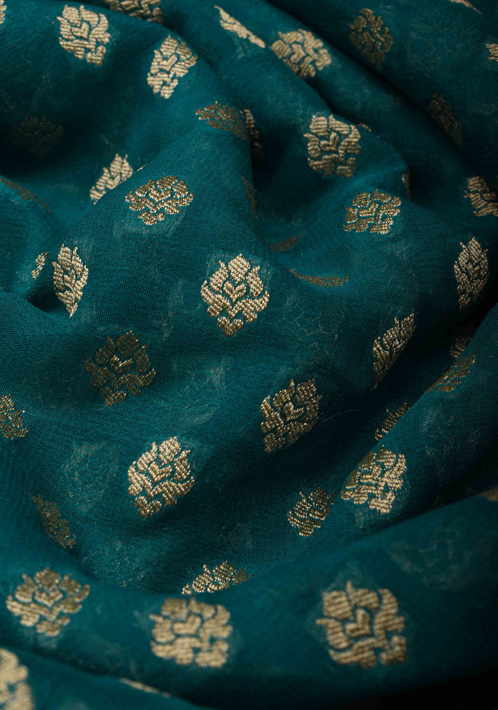 Authentic Banarasi Silk Georgette Saree in Dark Teal with Floral Butta and Zari Border | SILK MARK CERTIFIED