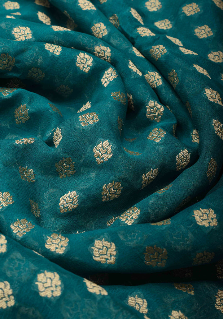 Authentic Banarasi Silk Georgette Saree in Dark Teal with Floral Butta and Zari Border | SILK MARK CERTIFIED