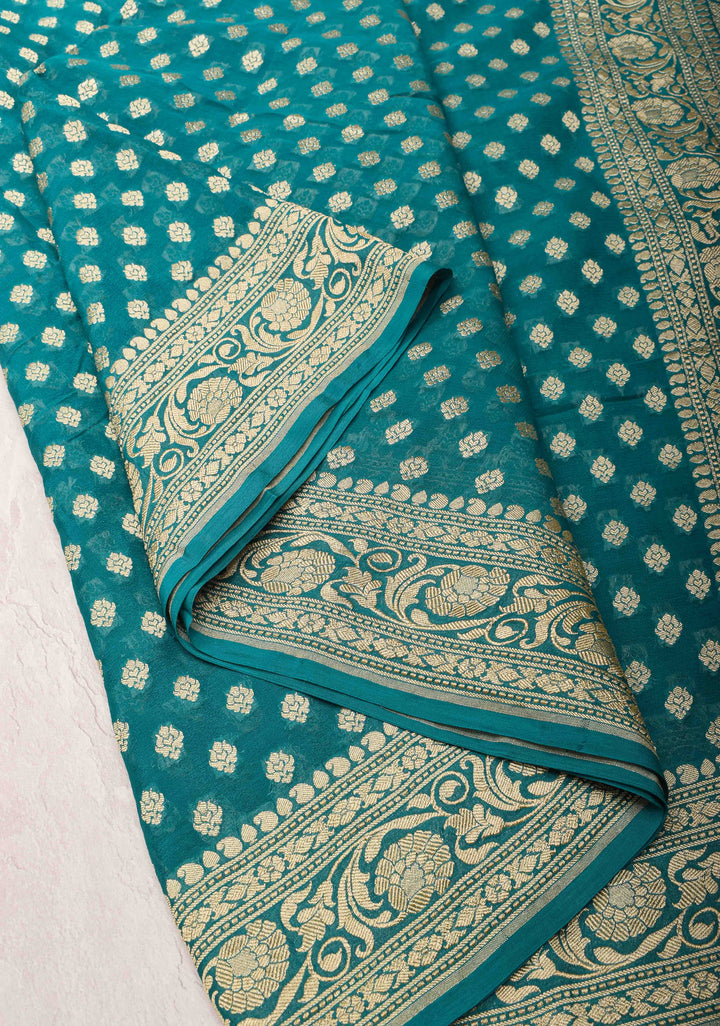 Authentic Banarasi Silk Georgette Saree in Dark Teal with Floral Butta and Zari Border | SILK MARK CERTIFIED