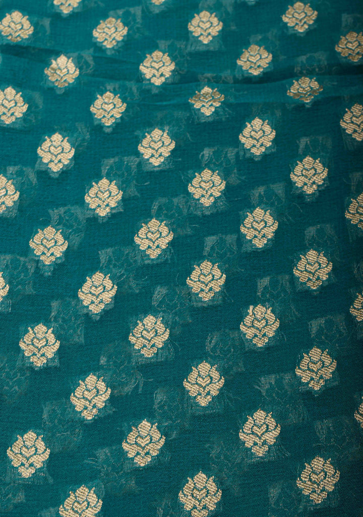 Authentic Banarasi Silk Georgette Saree in Dark Teal with Floral Butta and Zari Border | SILK MARK CERTIFIED