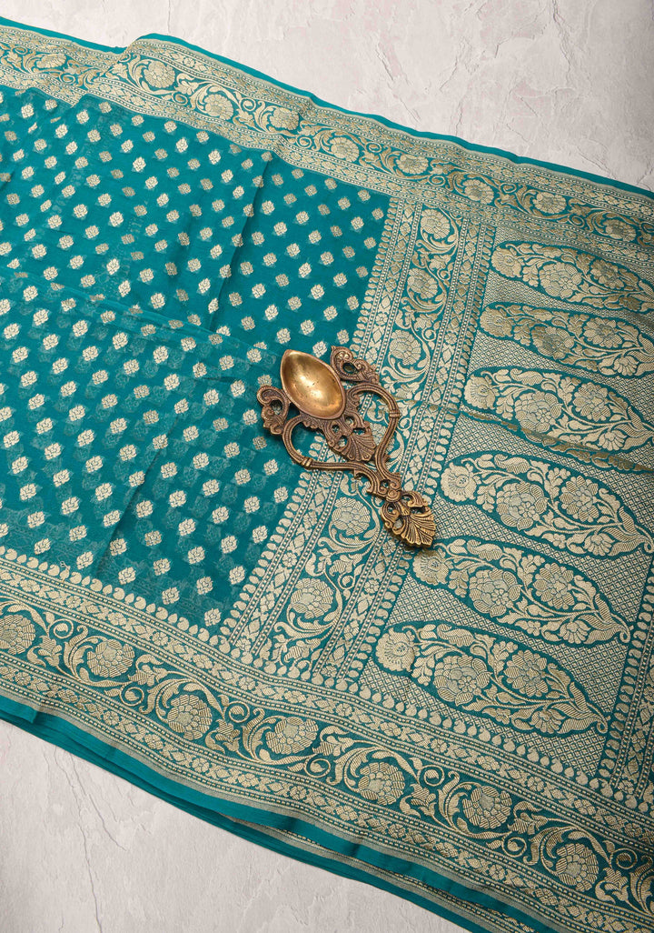 Authentic Banarasi Silk Georgette Saree in Dark Teal with Floral Butta and Zari Border | SILK MARK CERTIFIED