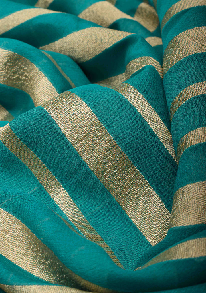 Exquisite Cyan Banarasi Georgette Silk Saree with Diagonal Zari Stripes and Zari Border | SILK MARK CERTIFIED