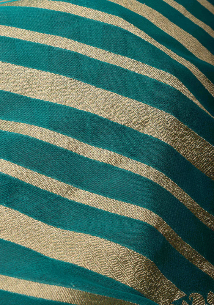 Exquisite Cyan Banarasi Georgette Silk Saree with Diagonal Zari Stripes and Zari Border | SILK MARK CERTIFIED