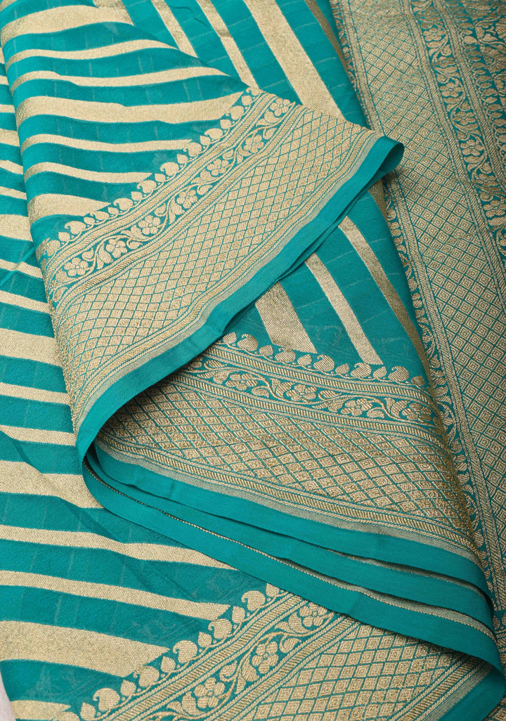 Exquisite Cyan Banarasi Georgette Silk Saree with Diagonal Zari Stripes and Zari Border | SILK MARK CERTIFIED
