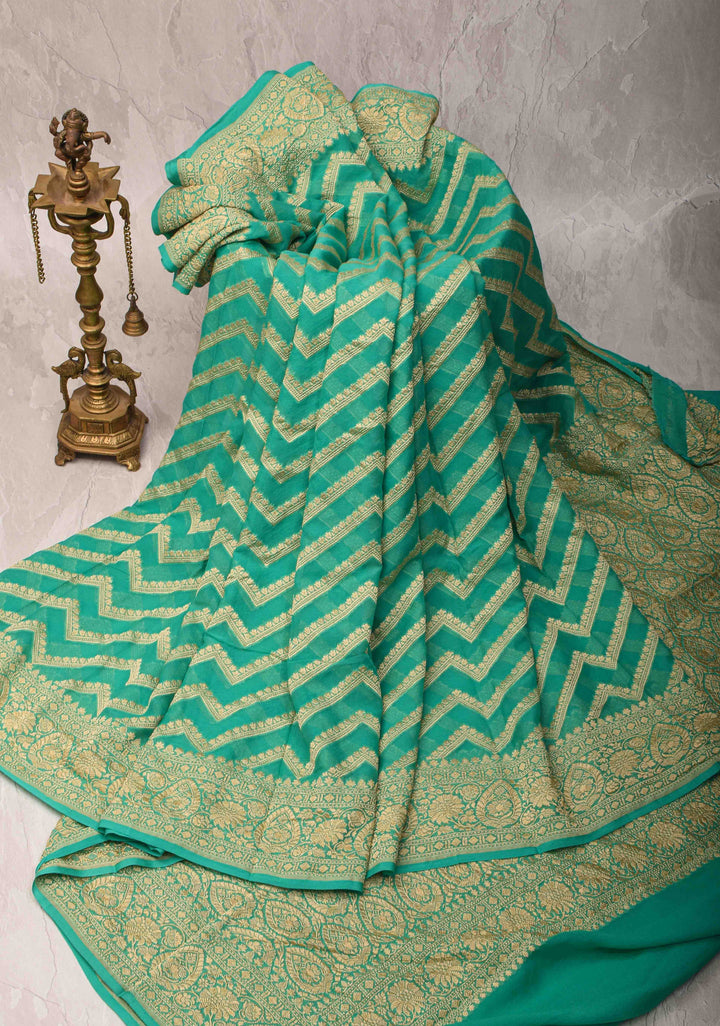 Sea Green Banarasi Georgette Silk Saree with Floral Chevron Pattern and Zari Border | SILK MARK CRTIFIED